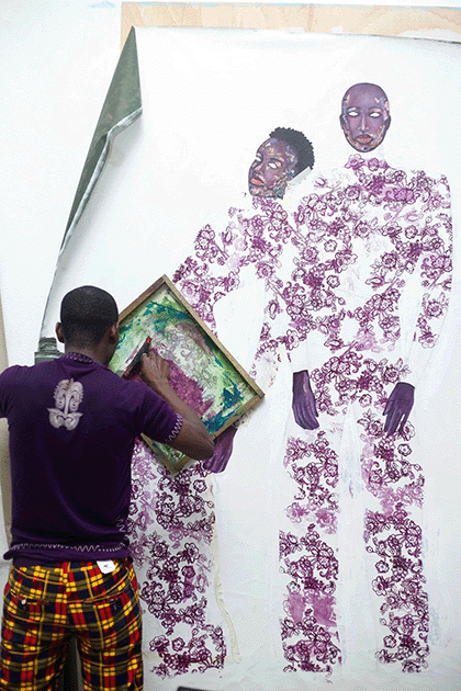 Emmanuel Taku at the Noldor Residency, Accra, Ghana working on his painting The Amethyst Pair, sold at Phillips London in July 2021.